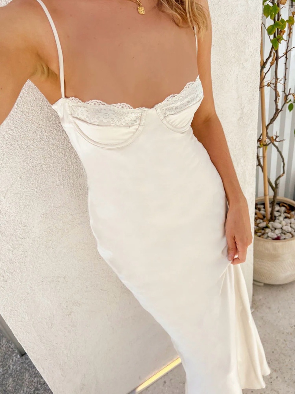 Beginning Boutique Ivory Lace-Trim Slip Dress